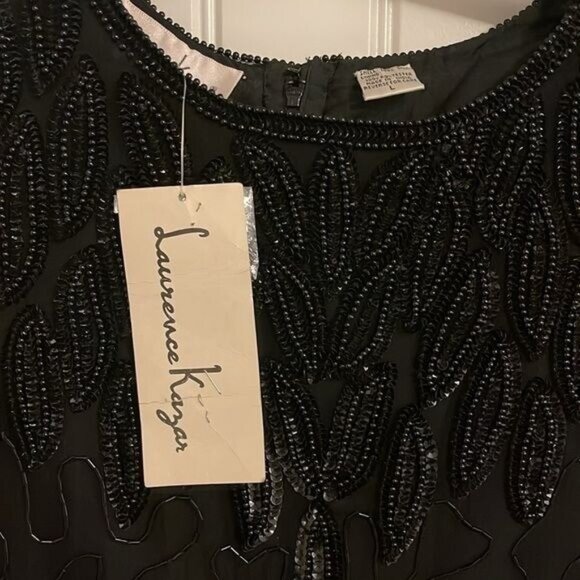 NWT Vtg. LAWRENCE KAZAR BLACK beaded handmade short sleeve SILK DRESS women’s  L - Picture 2 of 16